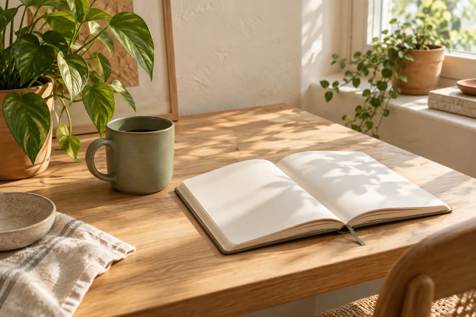 Example creative: a notebook, plant, and cup in a warm workspace